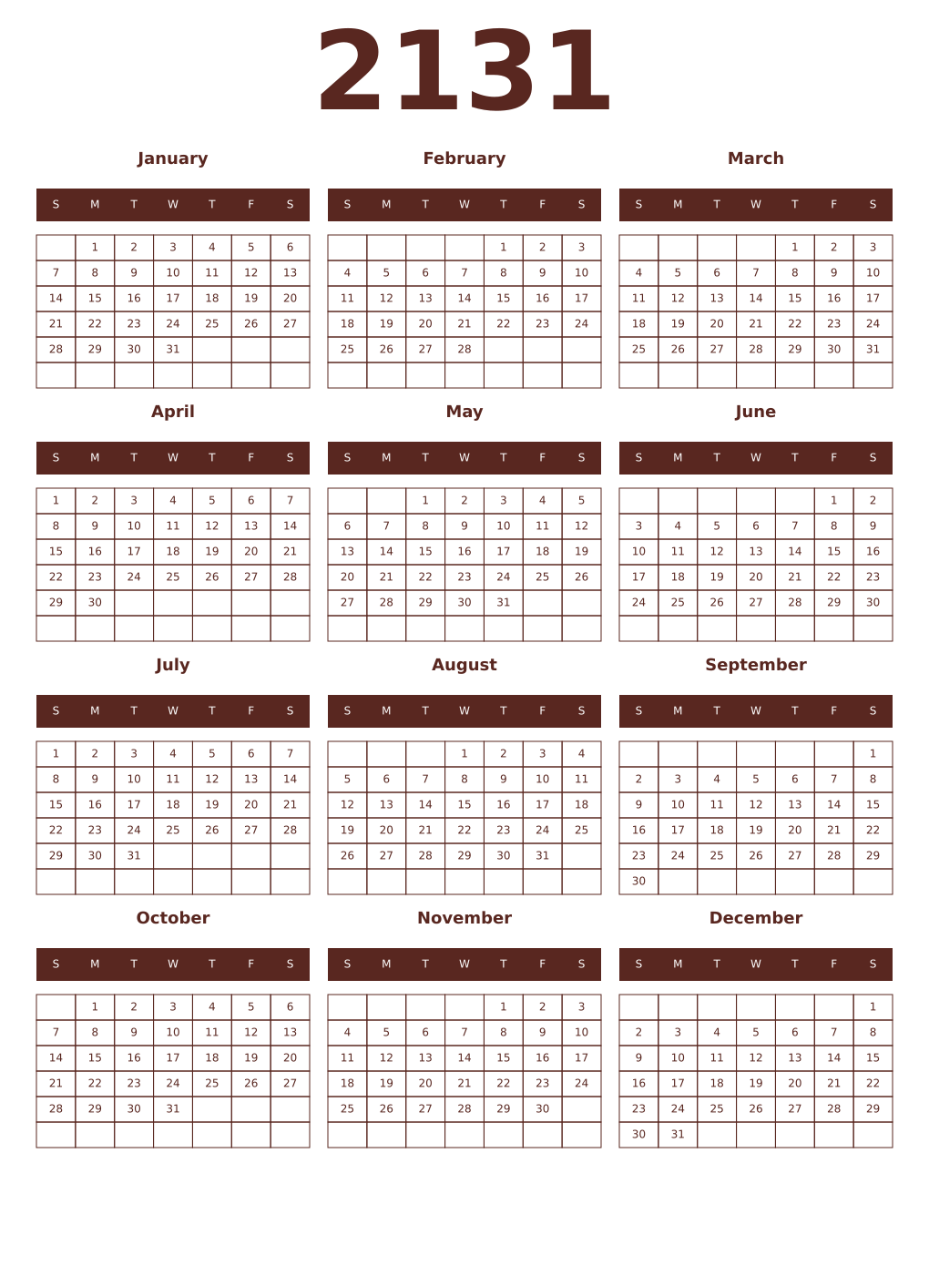 Printable 2131 Year Calendars mortuum