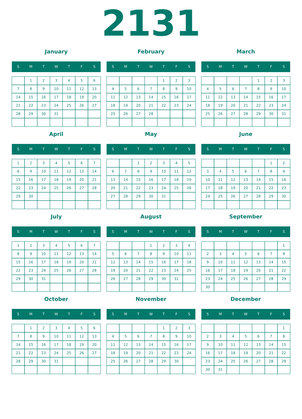 Printable 2131 Year Calendars pastel