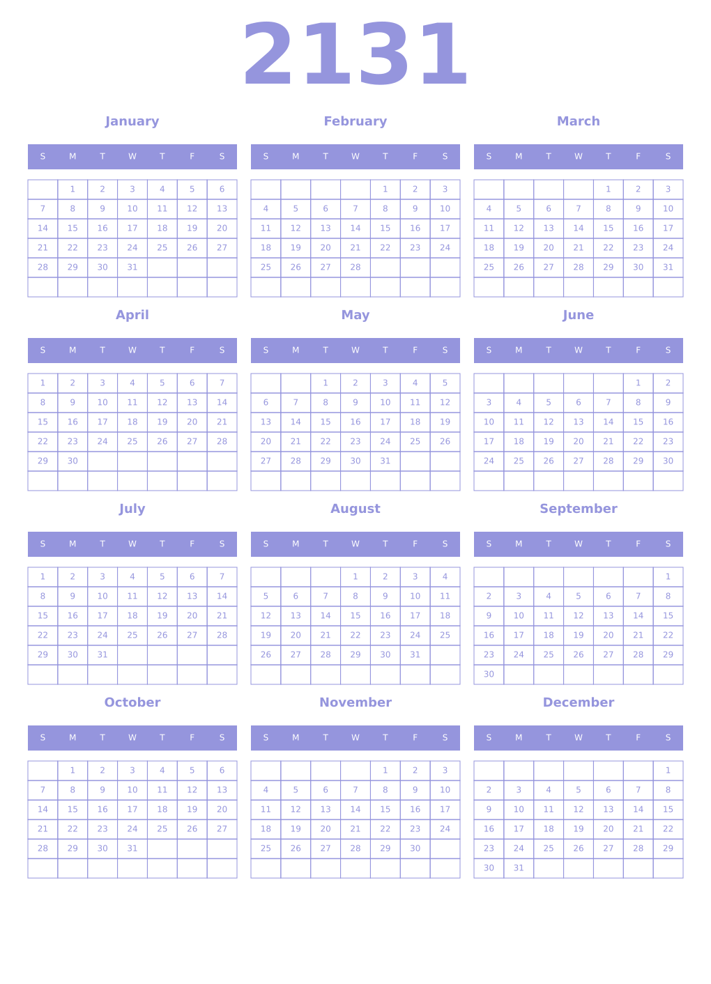 Printable 2131 Year Calendars periwinkle
