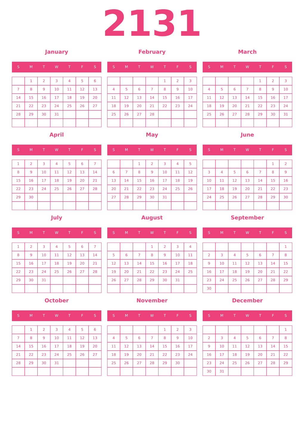 Printable 2131 Year Calendars pink