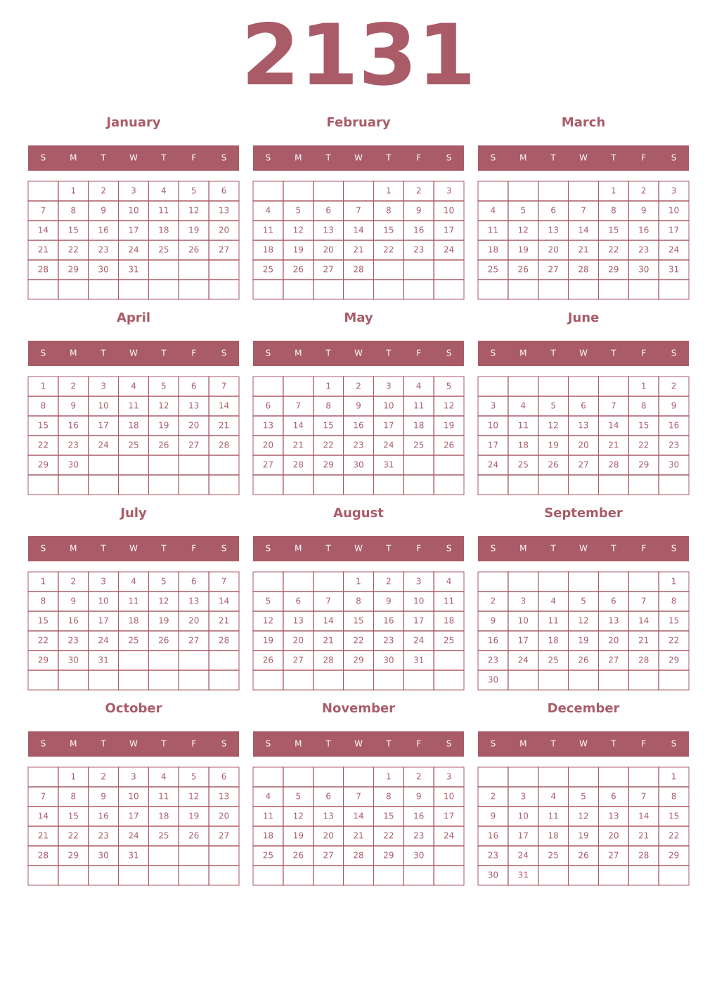 Printable 2131 Year Calendars puce