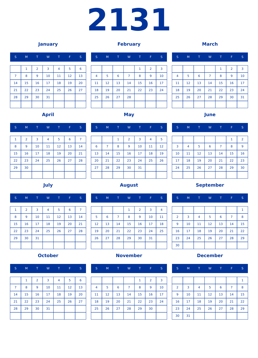 Printable 2131 Year Calendars smalt