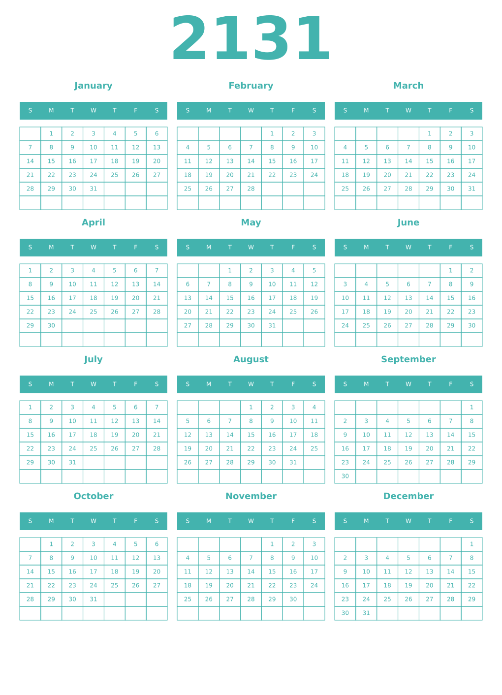 Printable 2131 Year Calendars verdigris
