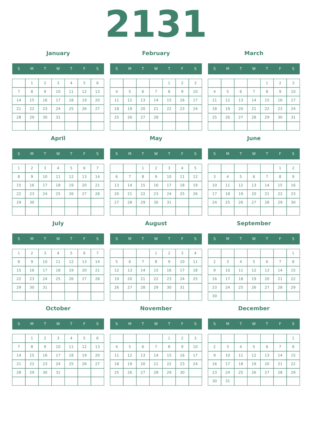 Printable 2131 Year Calendars viridian