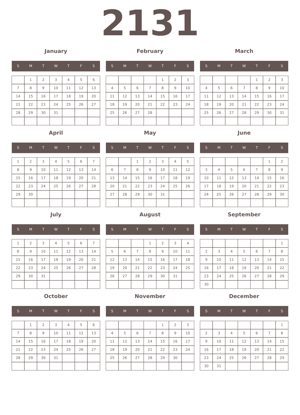Printable 2131 Year Calendars wenge