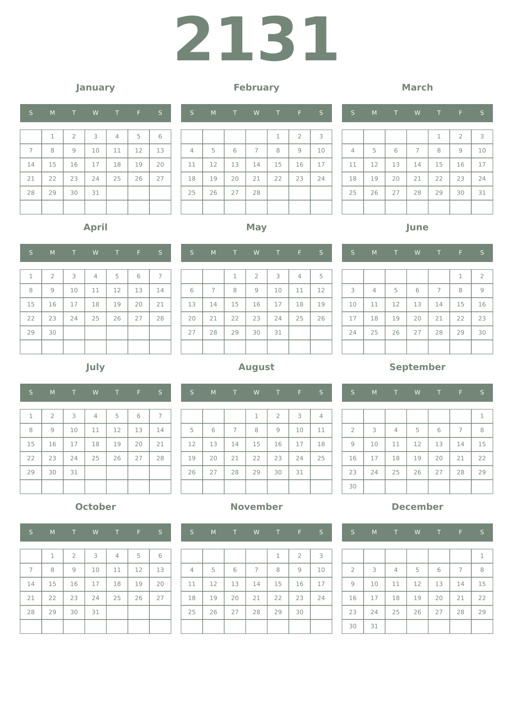 Printable 2131 Year Calendars xanadu