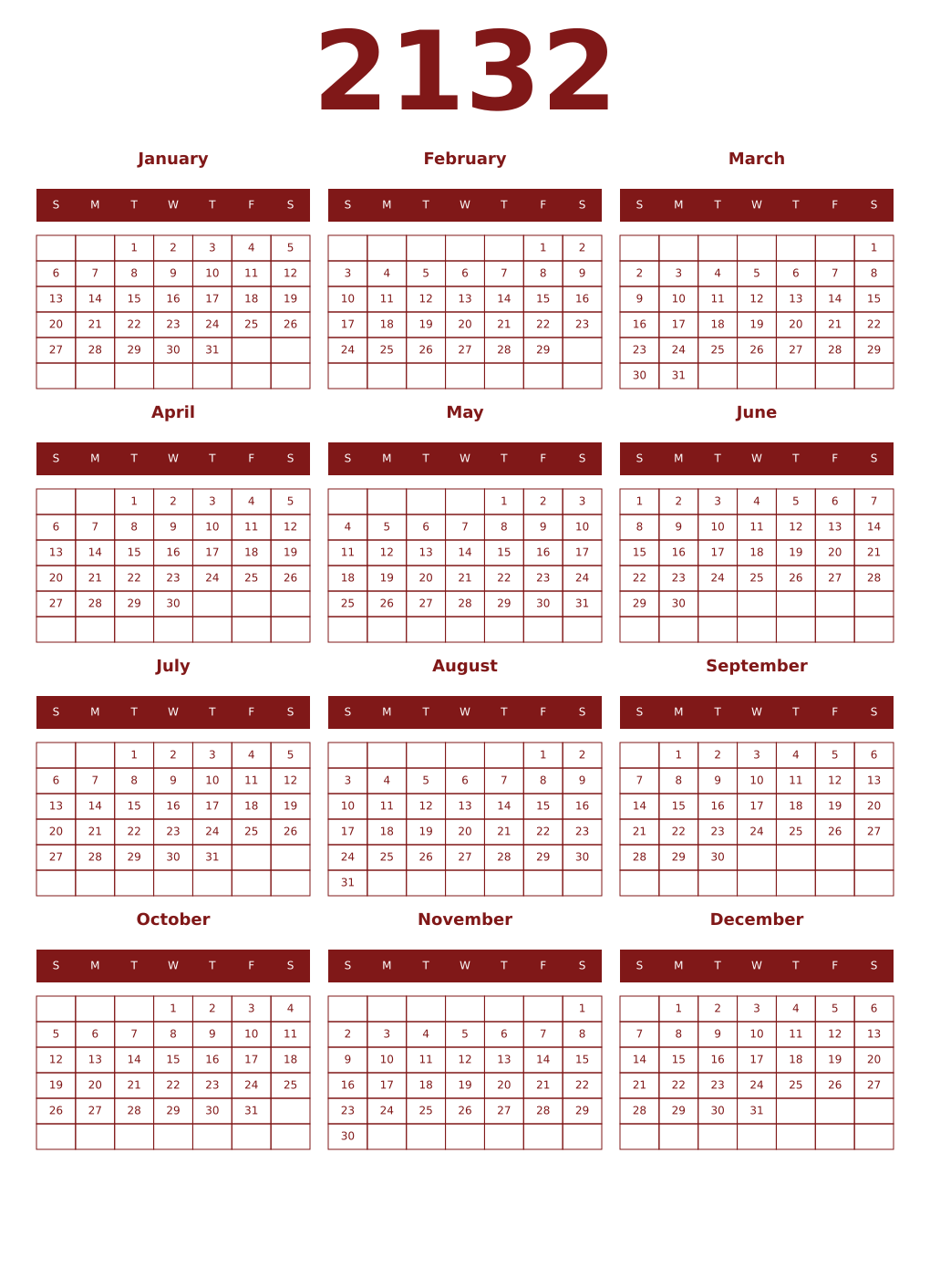 Printable 2132 Year Calendars falu