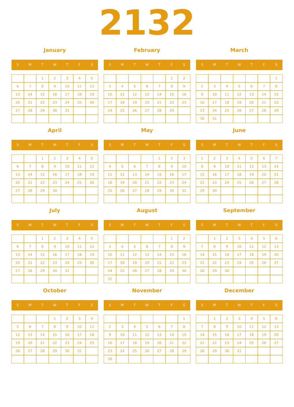 Printable 2132 Year Calendars gamboge