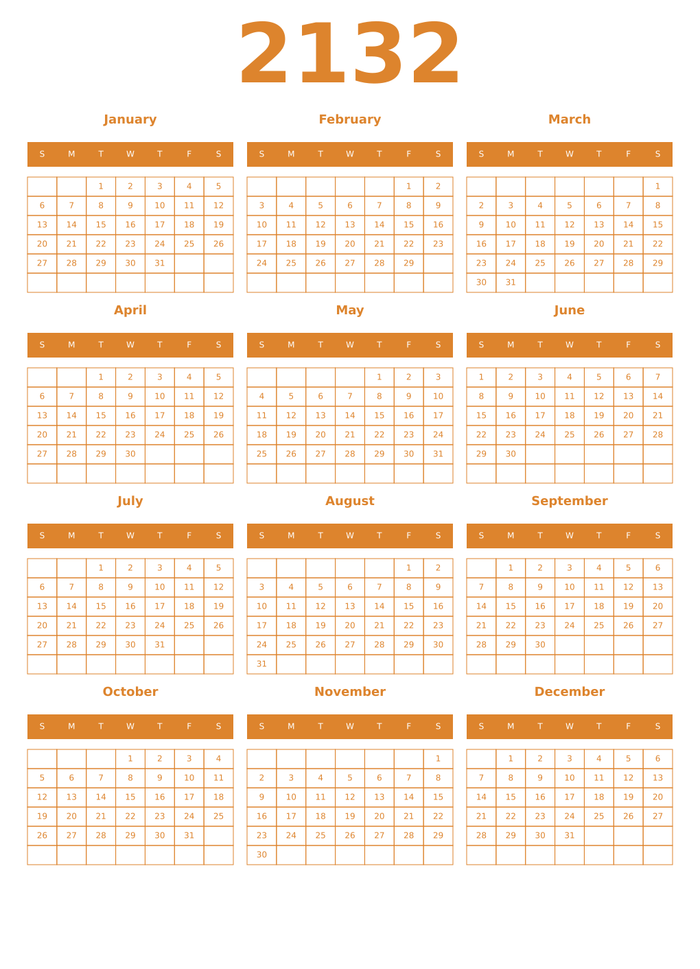 Printable 2132 Year Calendars orange
