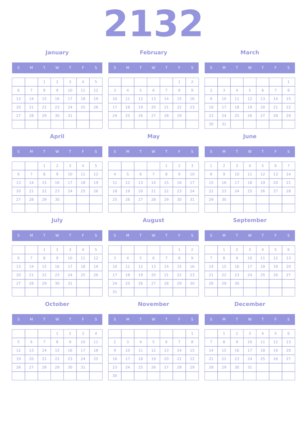 Printable 2132 Year Calendars periwinkle