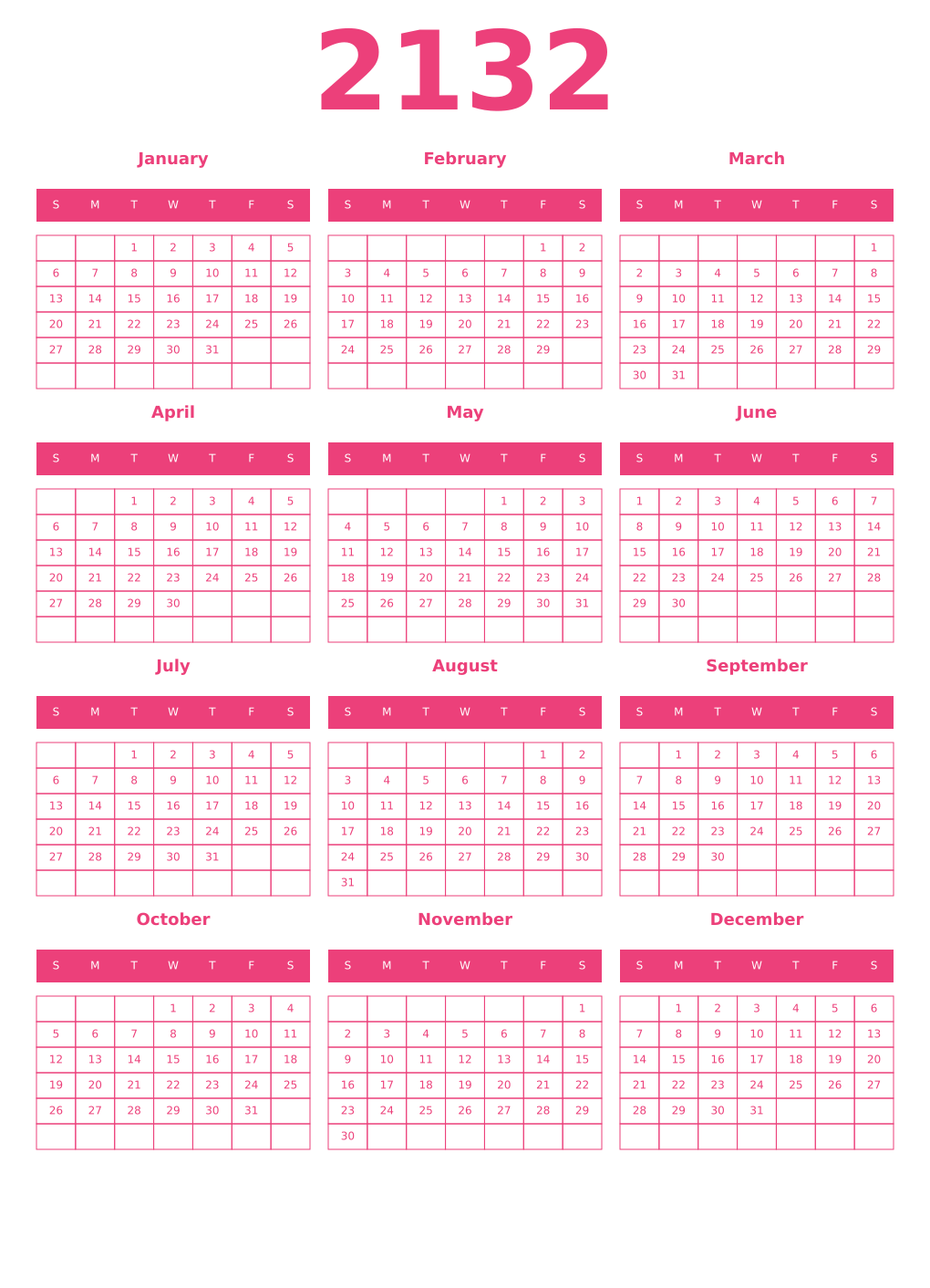 Printable 2132 Year Calendars pink