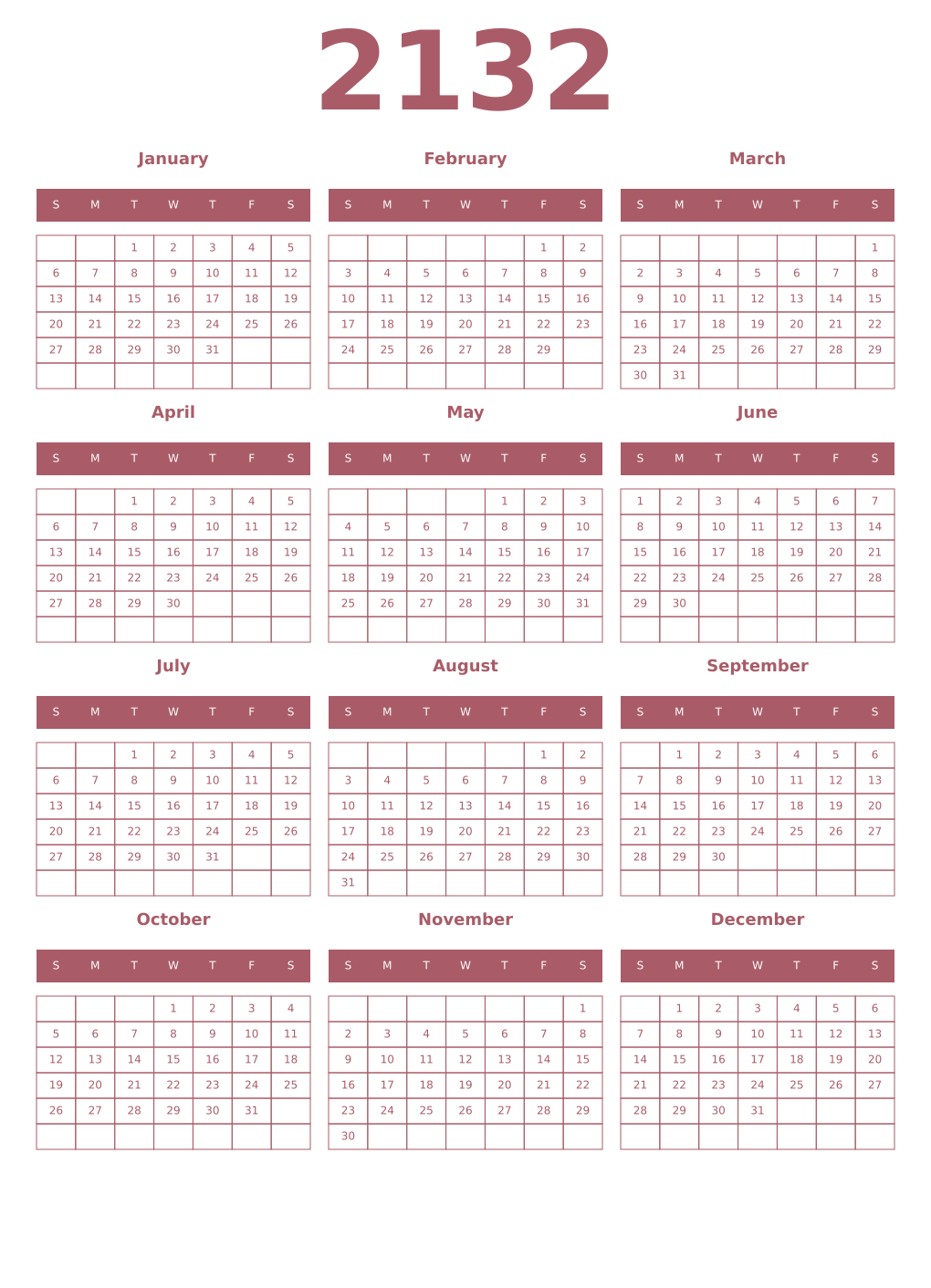 Printable 2132 Year Calendars puce