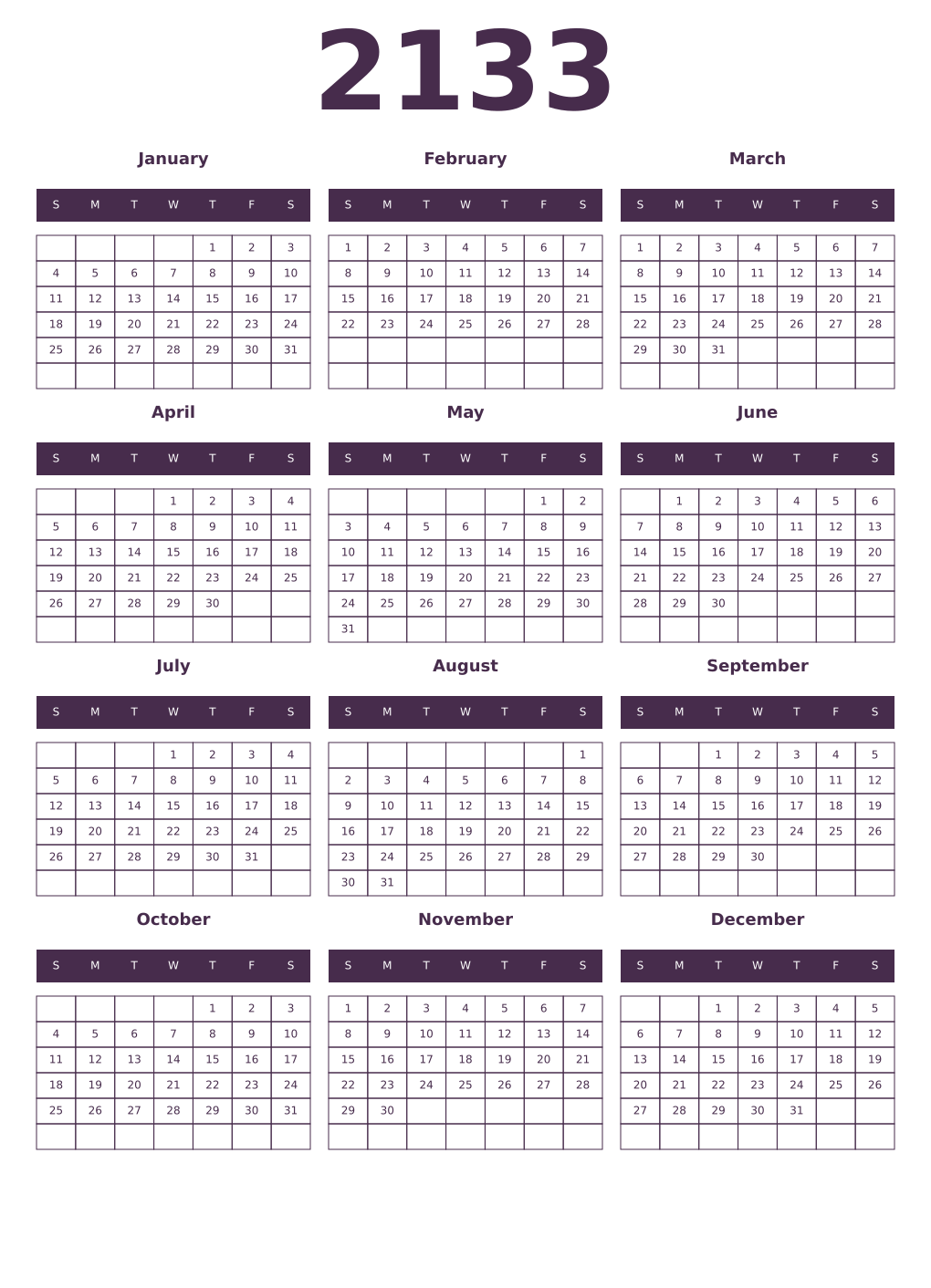 Printable 2133 Year Calendars aubergine