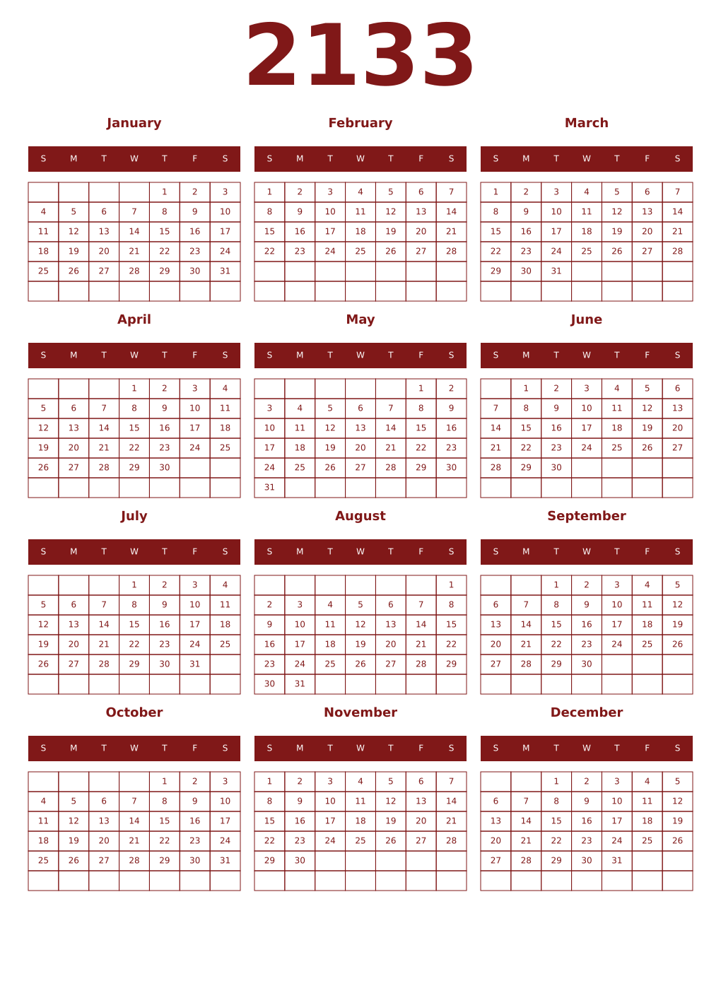 Printable 2133 Year Calendars falu