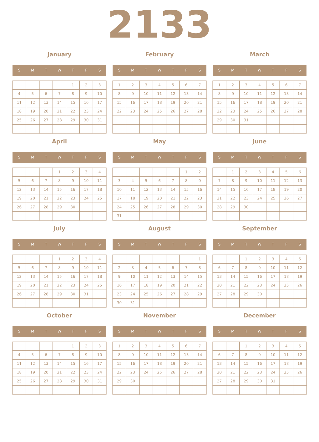 Printable 2133 Year Calendars isabelline