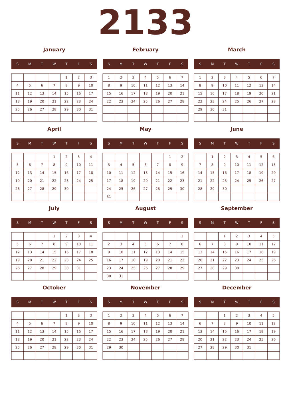 Printable 2133 Year Calendars mortuum