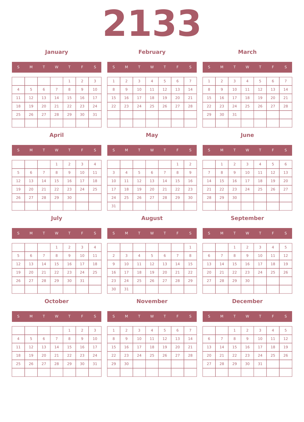 Printable 2133 Year Calendars puce