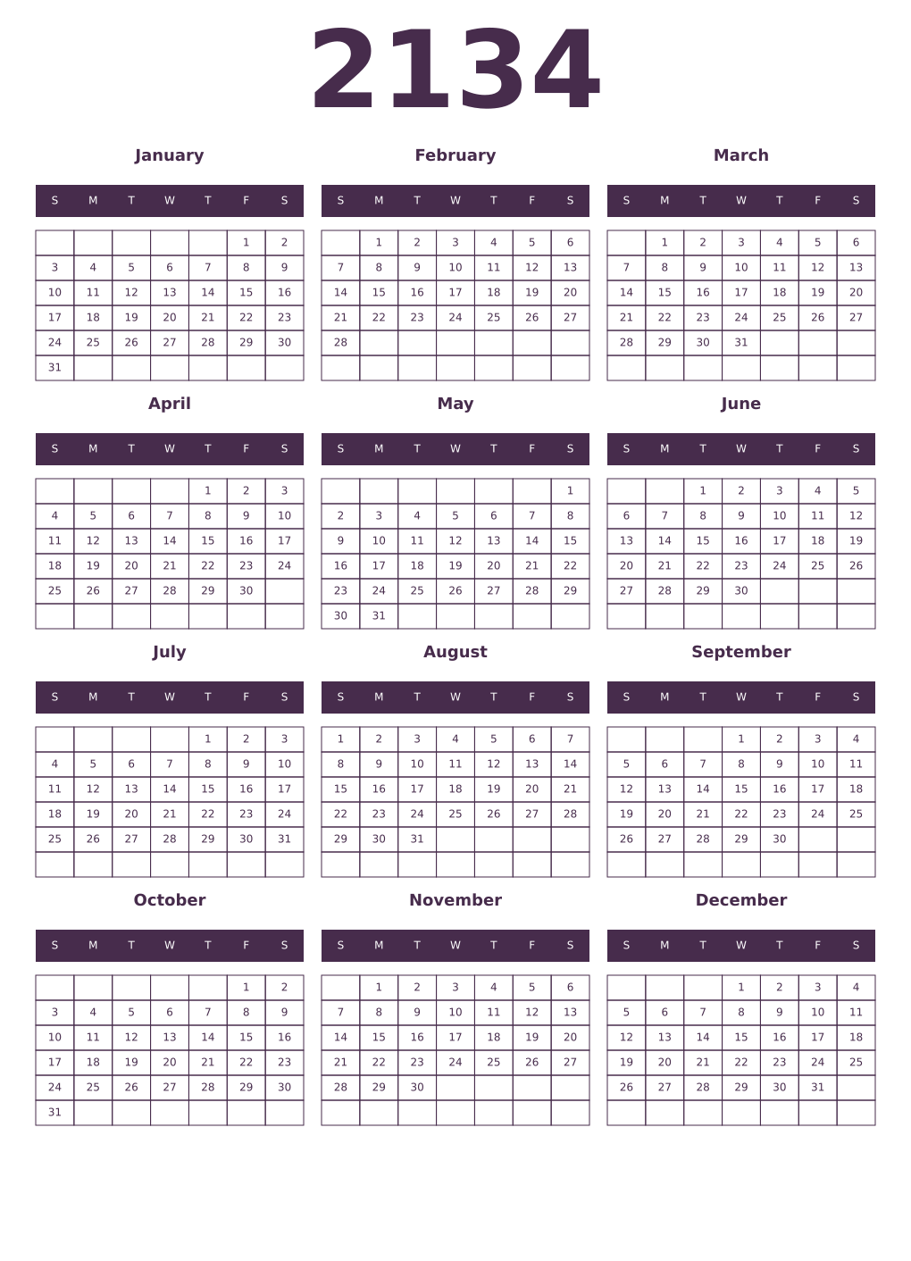 Printable 2134 Year Calendars aubergine