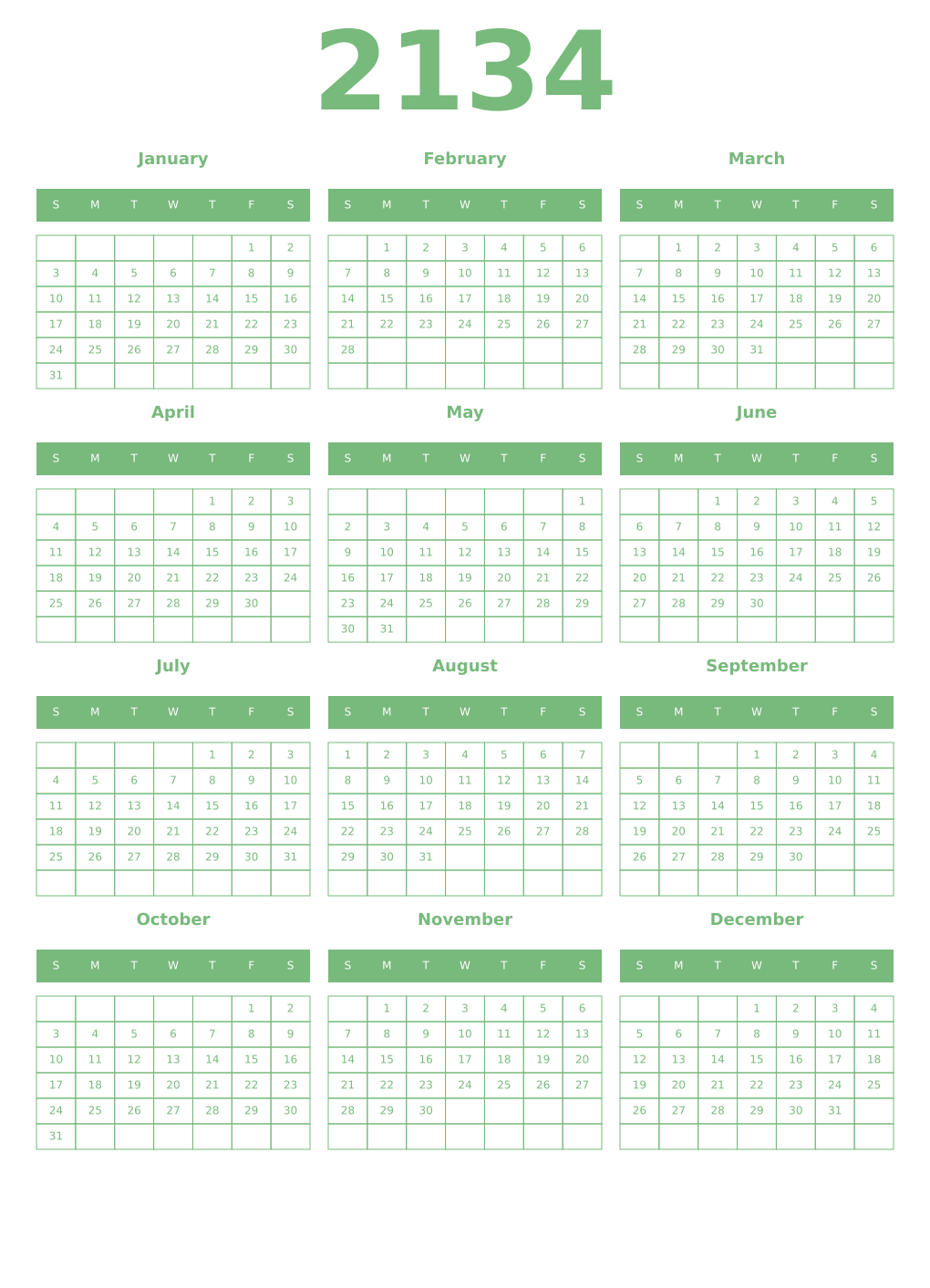Printable 2134 Year Calendars celadon