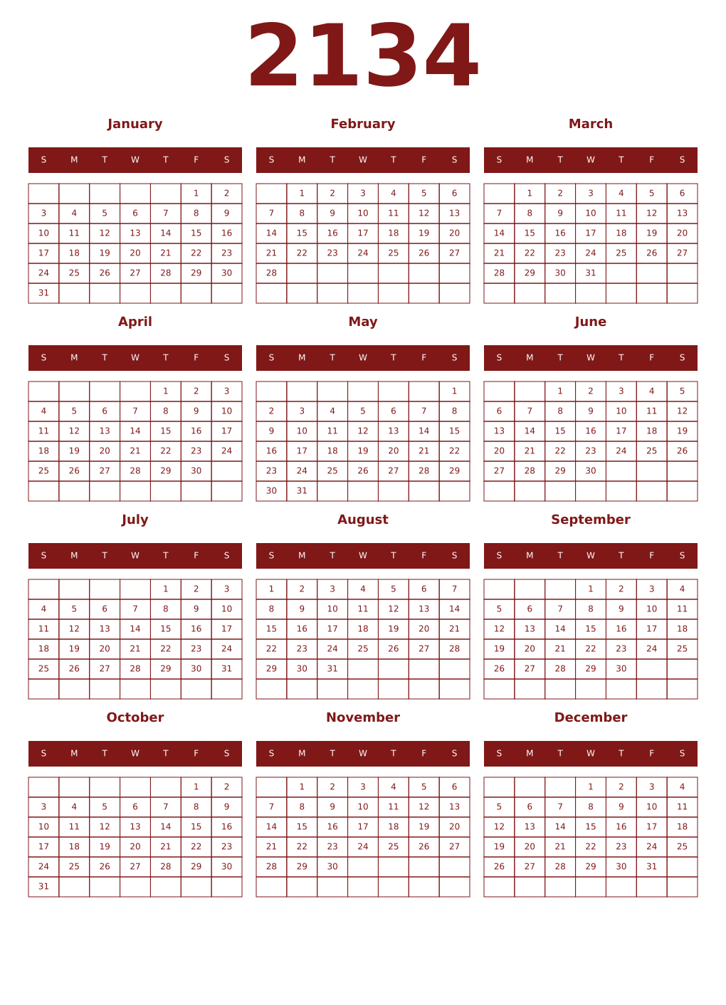 Printable 2134 Year Calendars falu