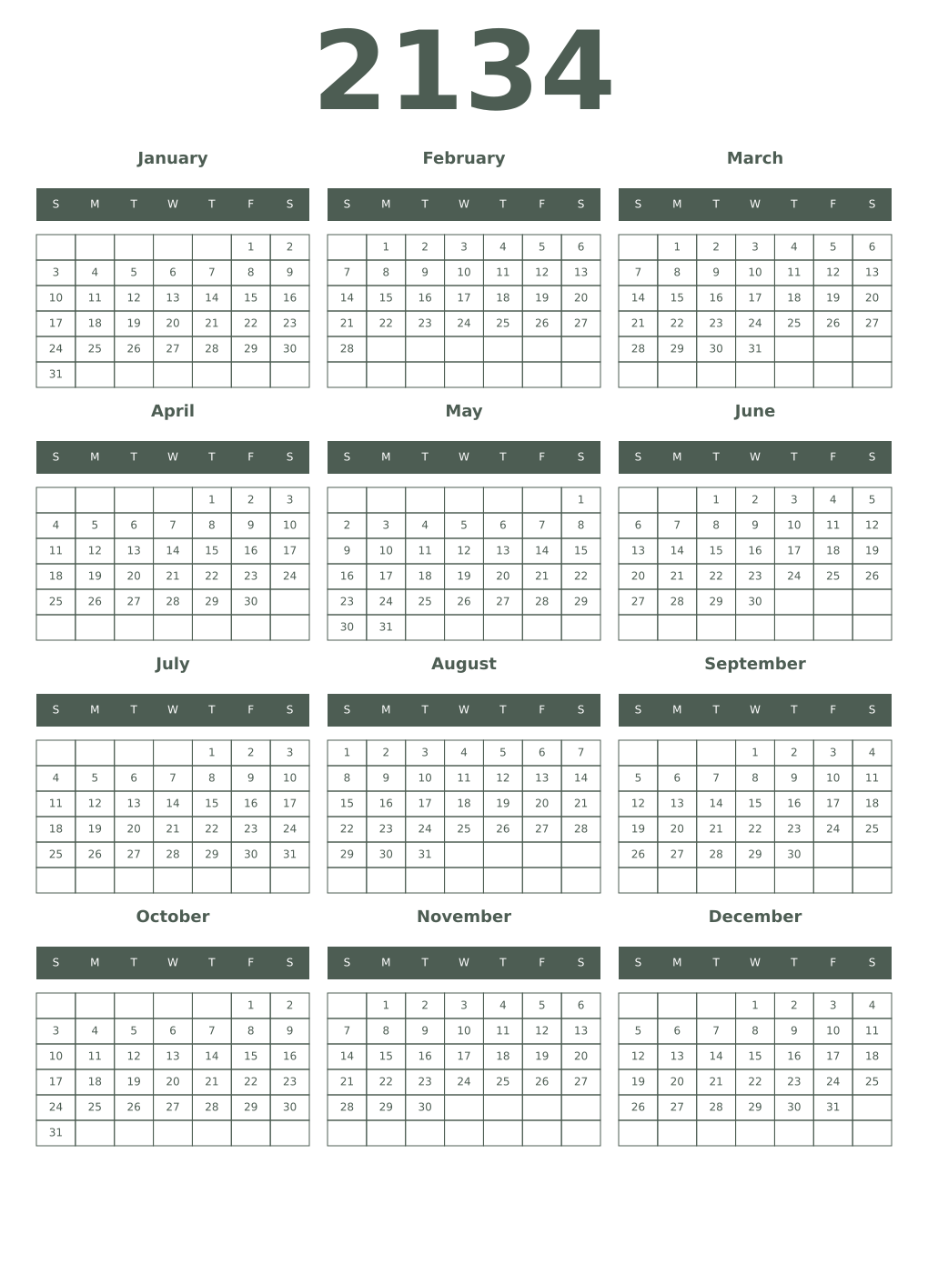 Printable 2134 Year Calendars feldgrau