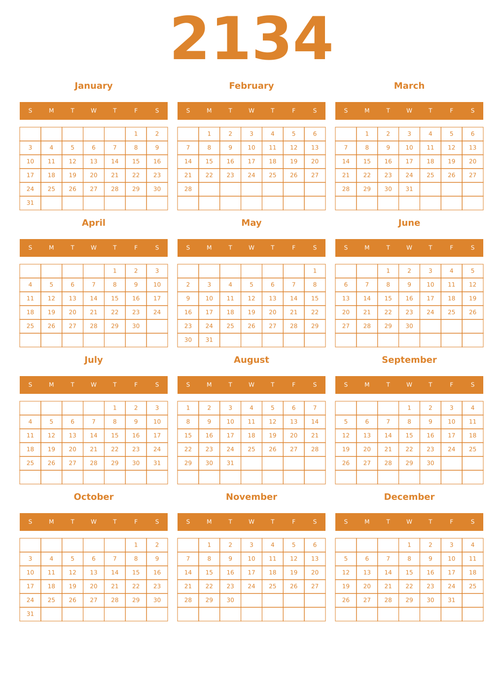 Printable 2134 Year Calendars orange