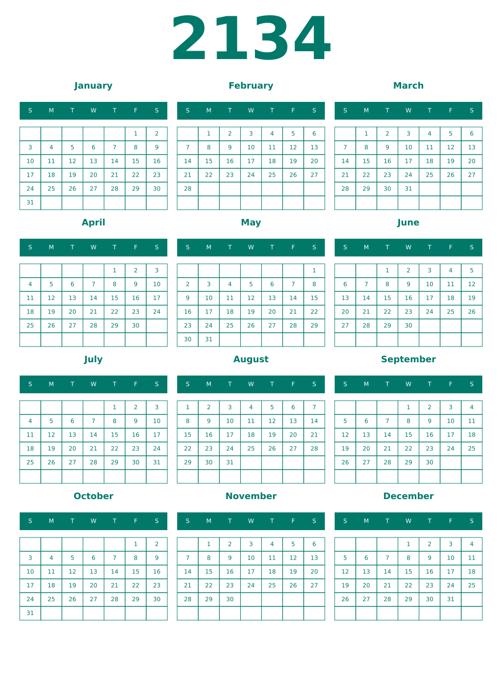 Printable 2134 Year Calendars pastel
