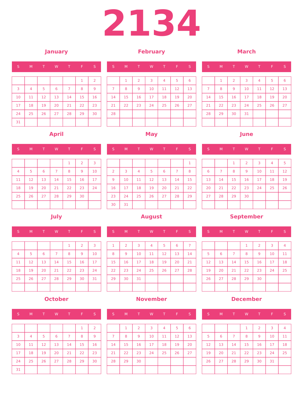 Printable 2134 Year Calendars pink
