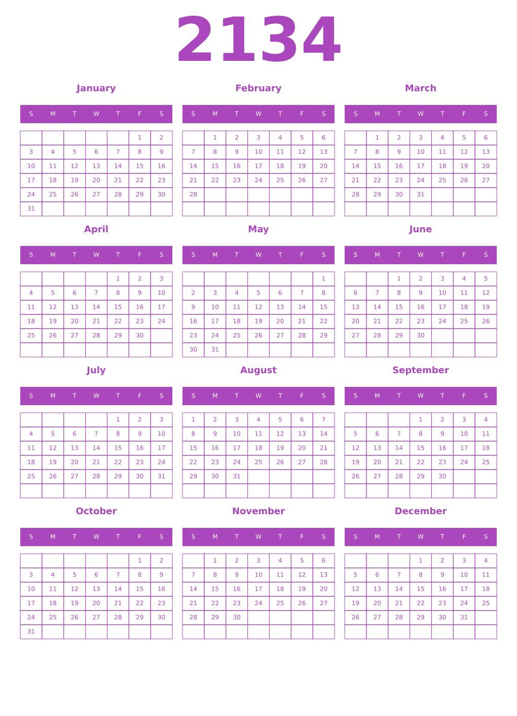 Printable 2134 Year Calendars purple