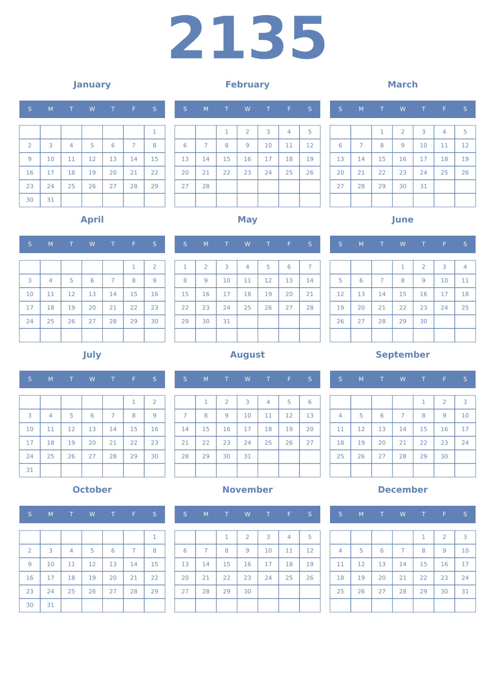 Printable 2135 Year Calendars glaucous