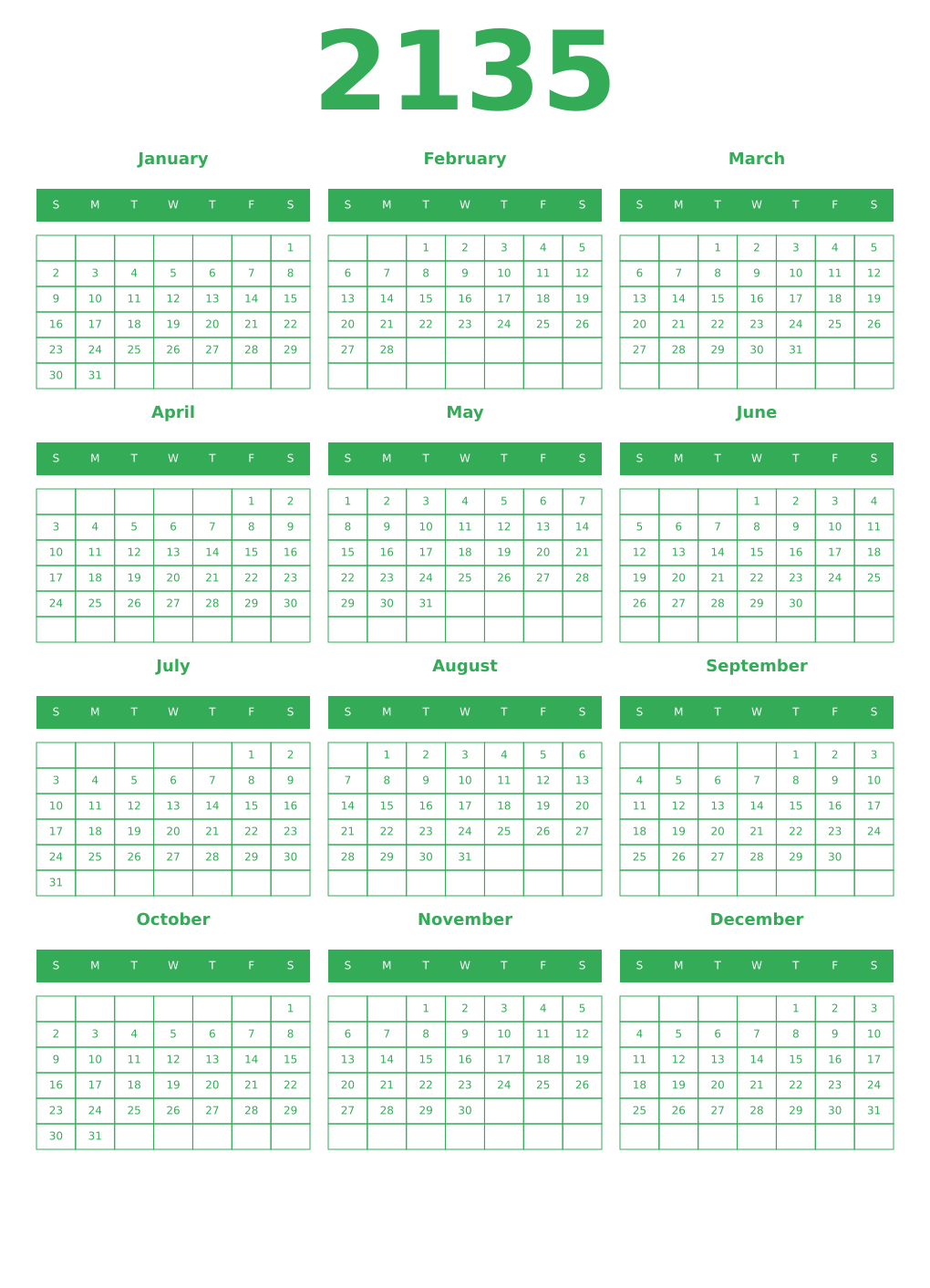 Printable 2135 Year Calendars green