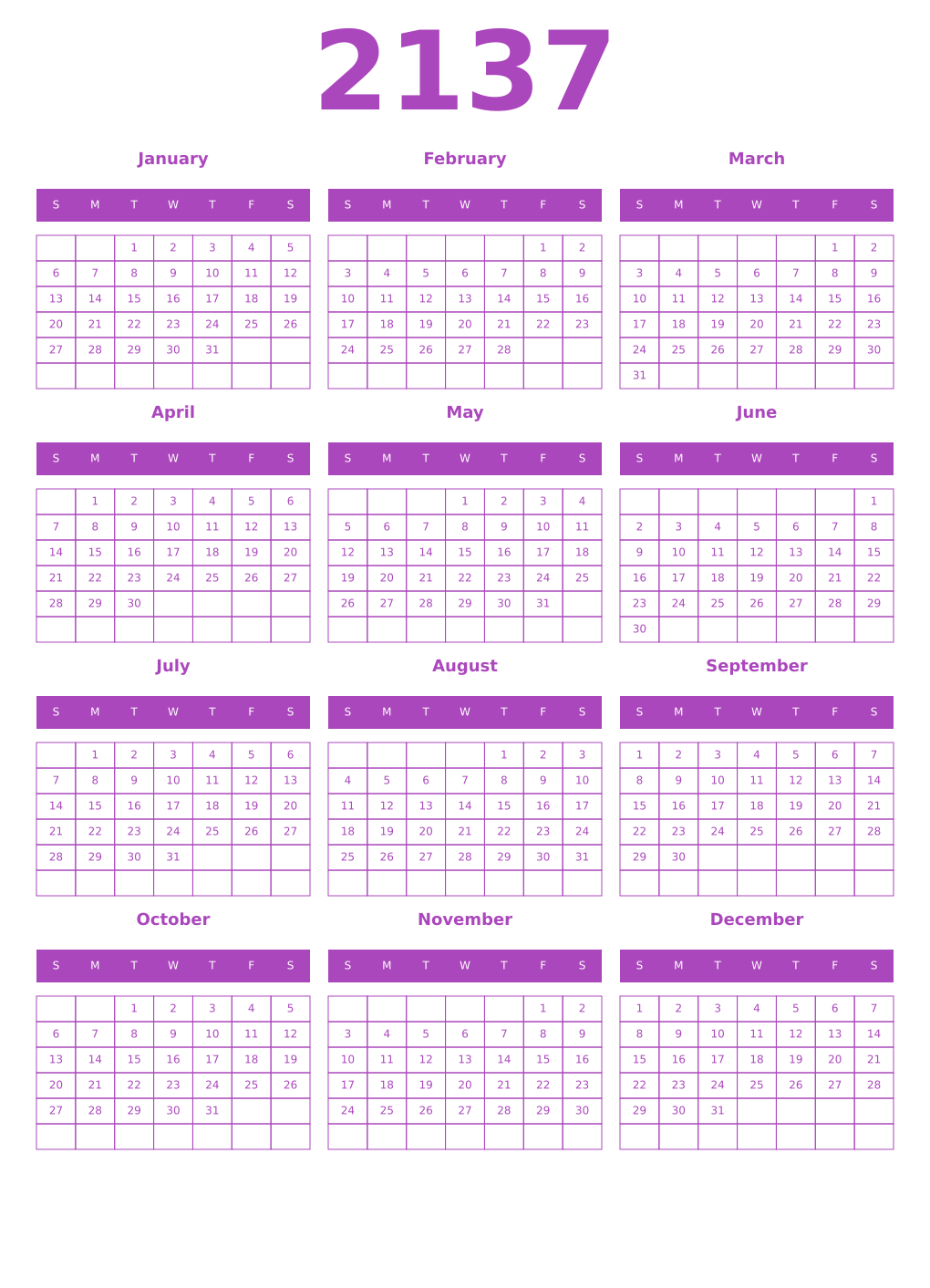 Printable 2137 Calendars