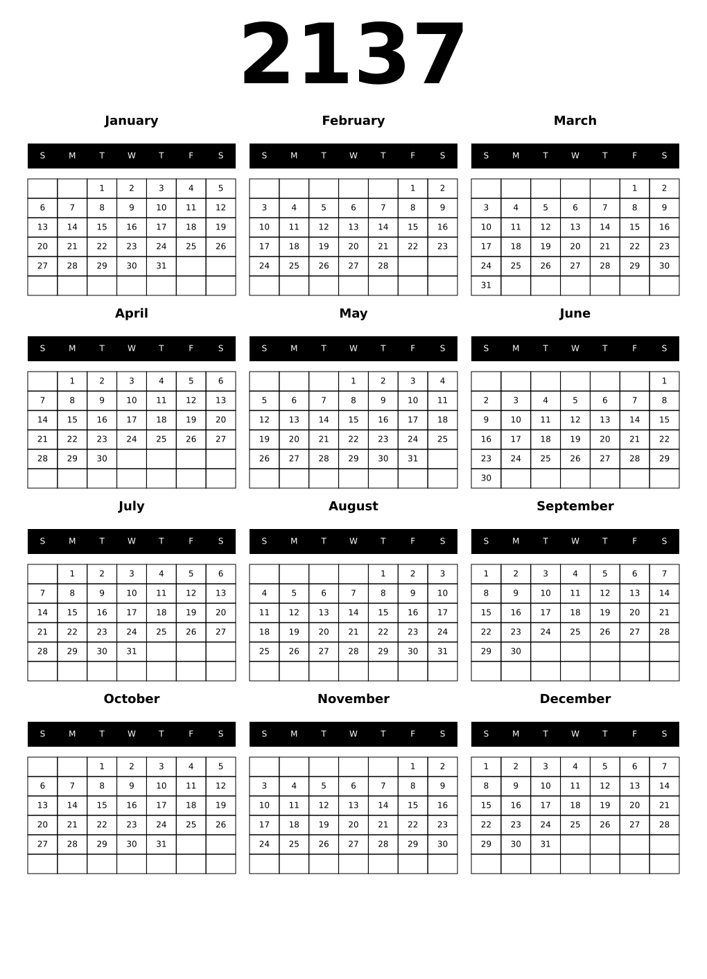 Printable 2137 Year Calendars black