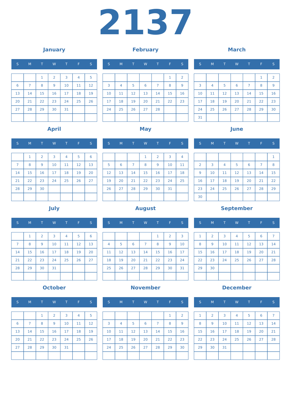 Printable 2137 Year Calendars blue