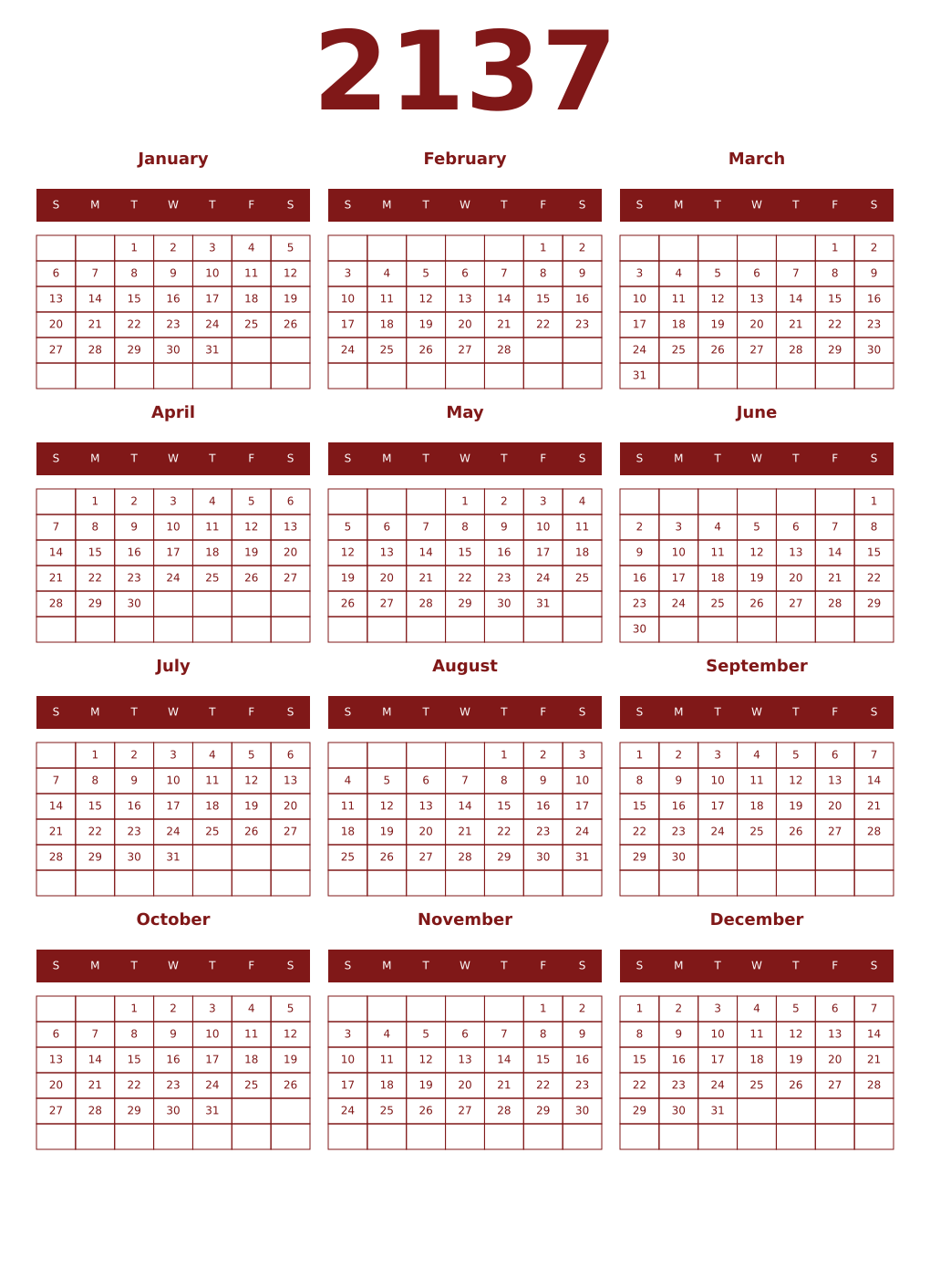 Printable 2137 Year Calendars falu