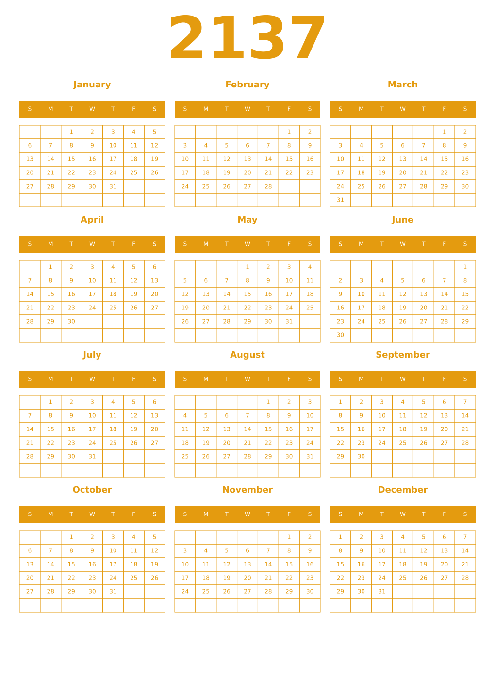 Printable 2137 Year Calendars gamboge