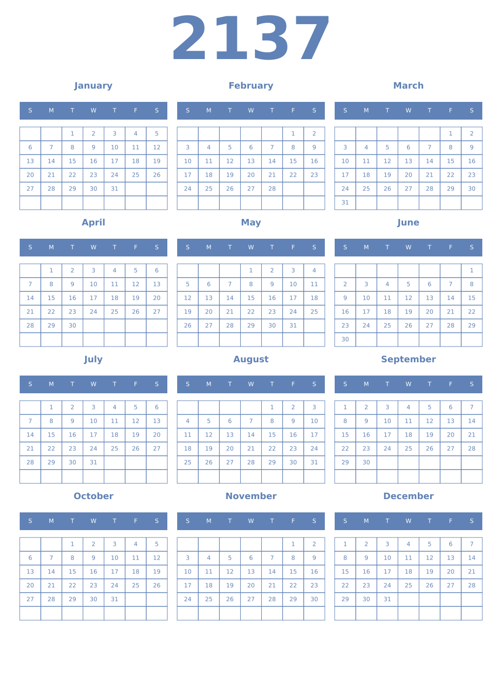 Printable 2137 Year Calendars glaucous