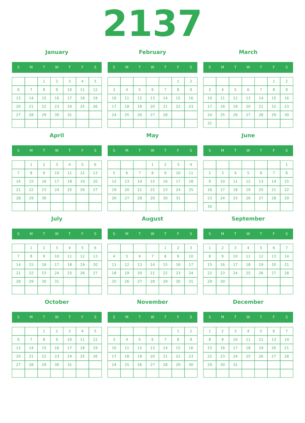 Printable 2137 Year Calendars green