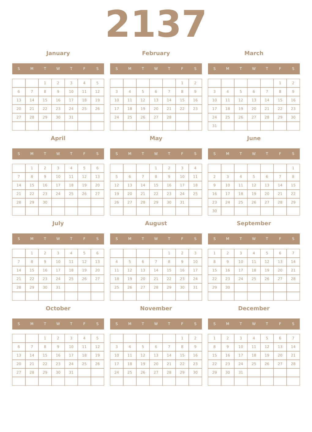 Printable 2137 Year Calendars isabelline