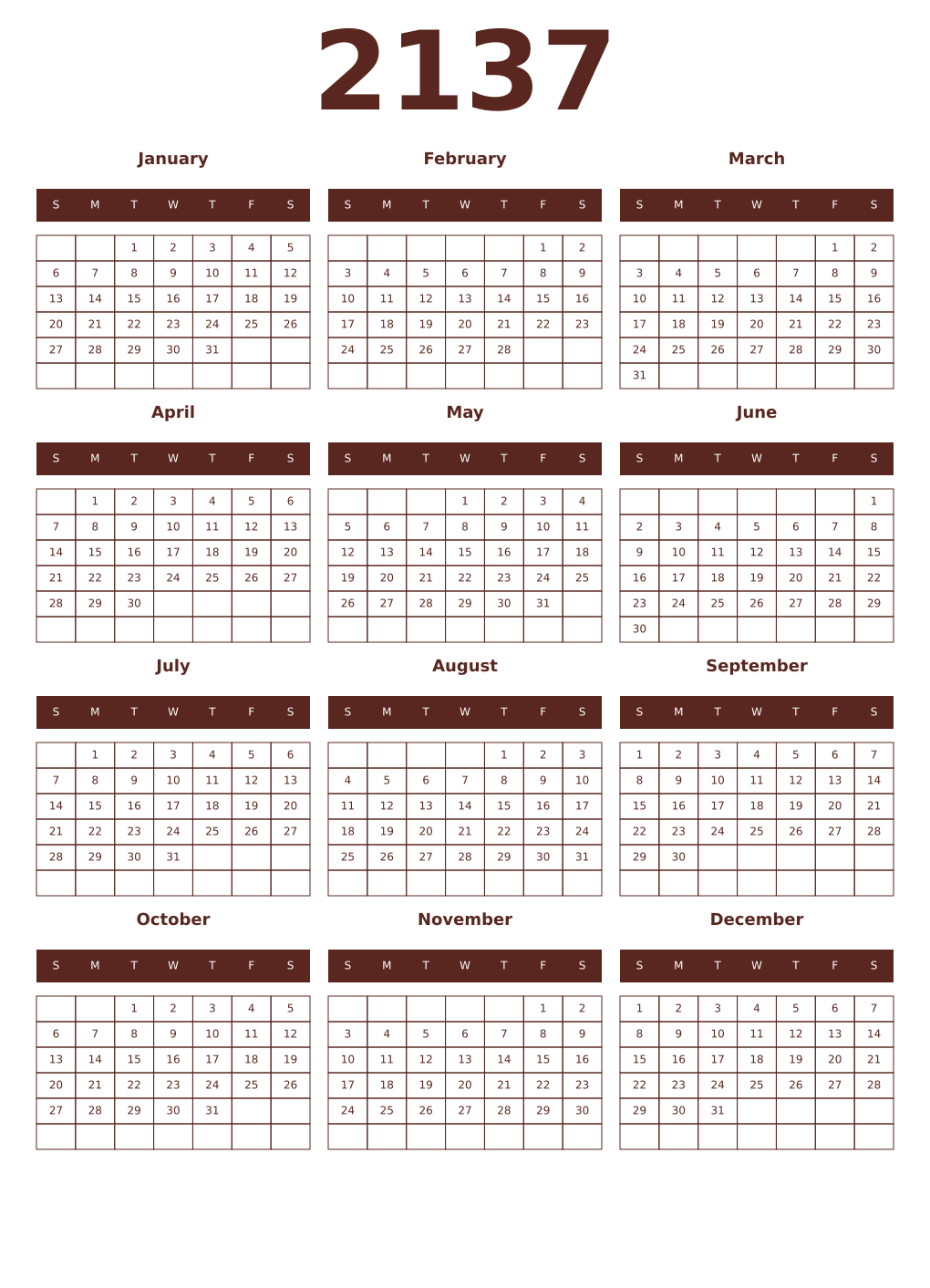 Printable 2137 Year Calendars mortuum