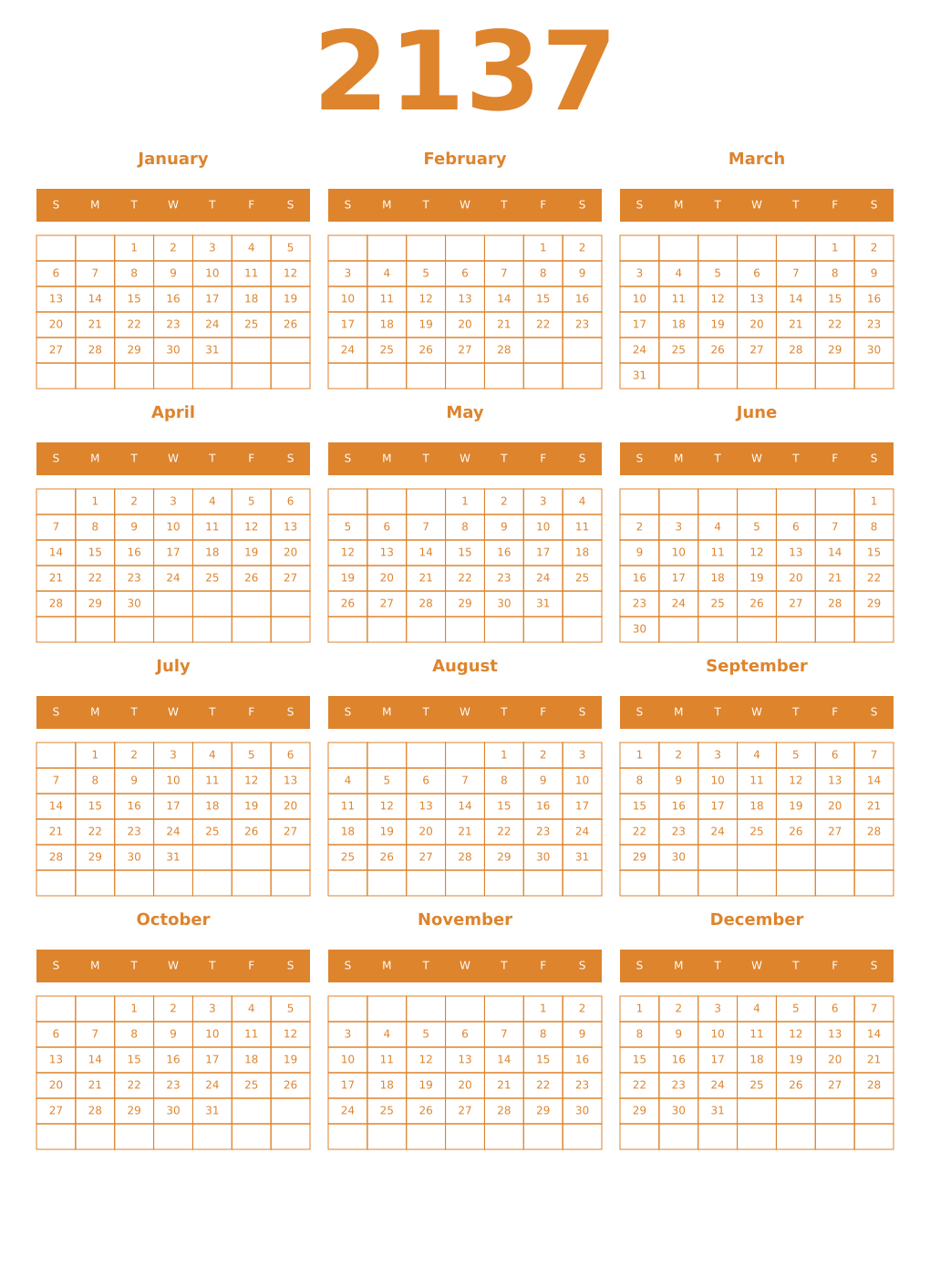Printable 2137 Year Calendars orange