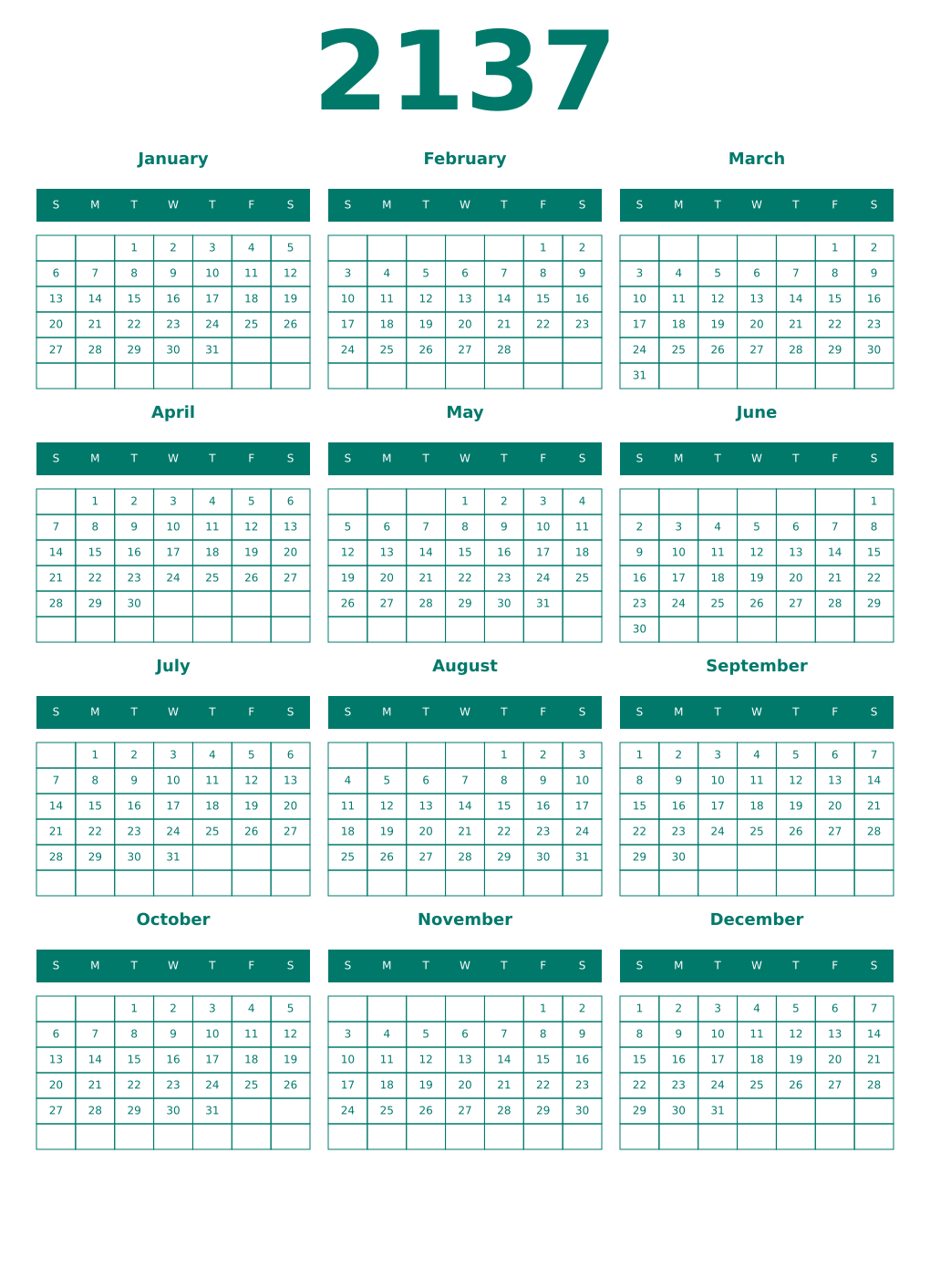 Printable 2137 Year Calendars pastel