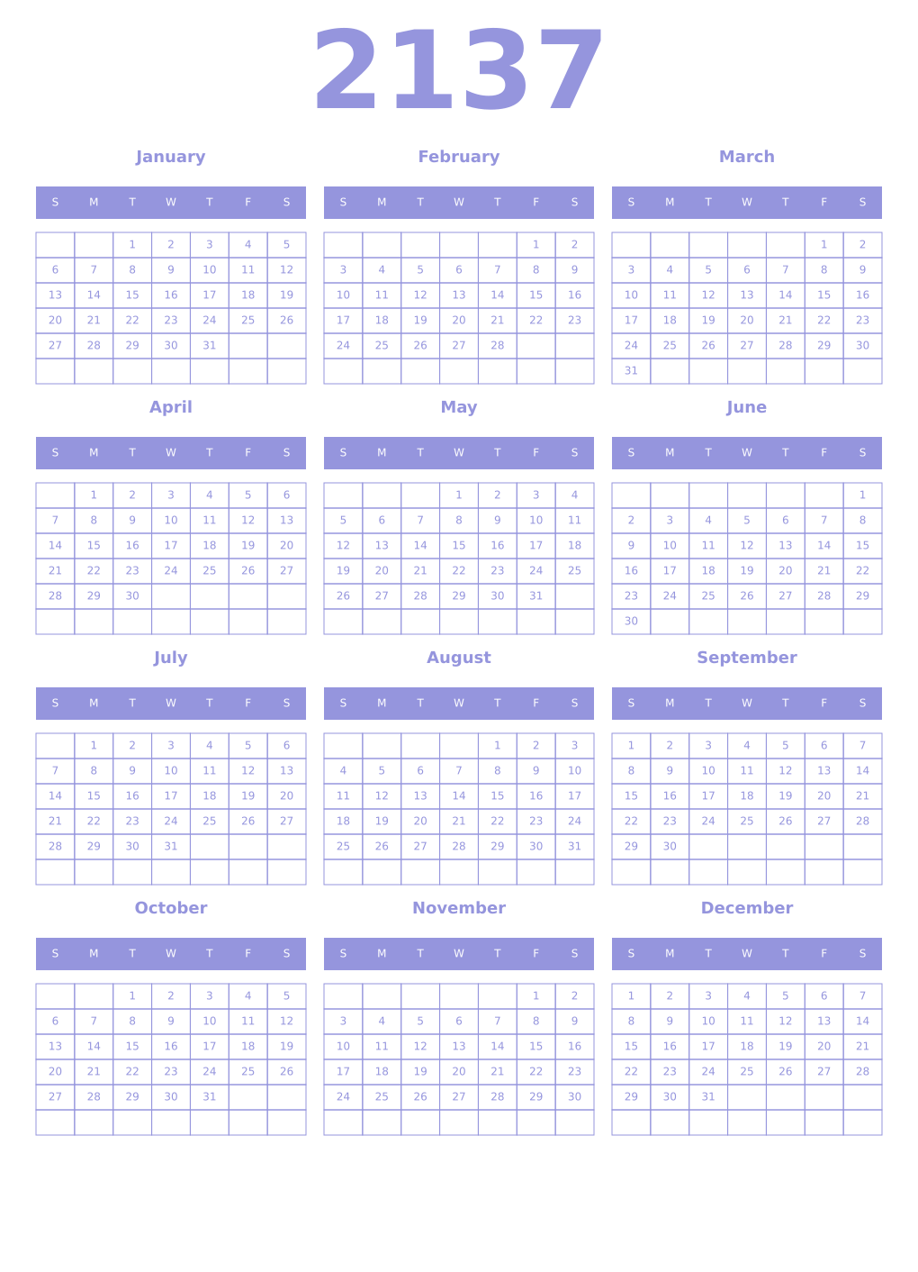 Printable 2137 Year Calendars periwinkle