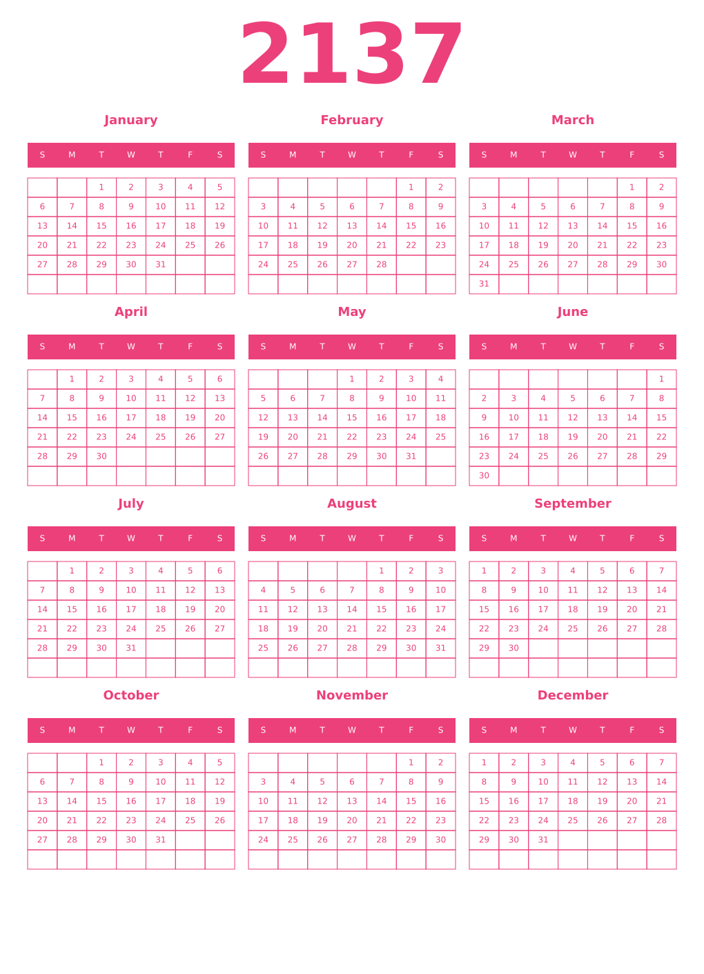 Printable 2137 Year Calendars pink