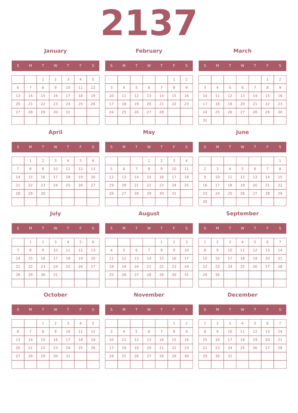 Printable 2137 Year Calendars puce