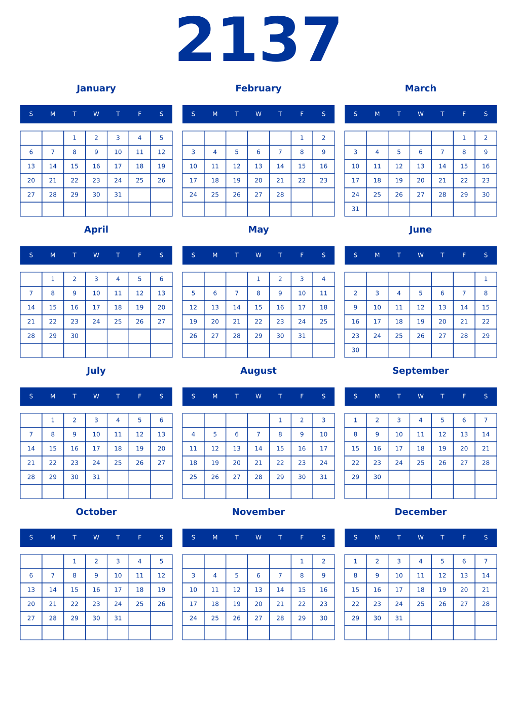 Printable 2137 Year Calendars smalt