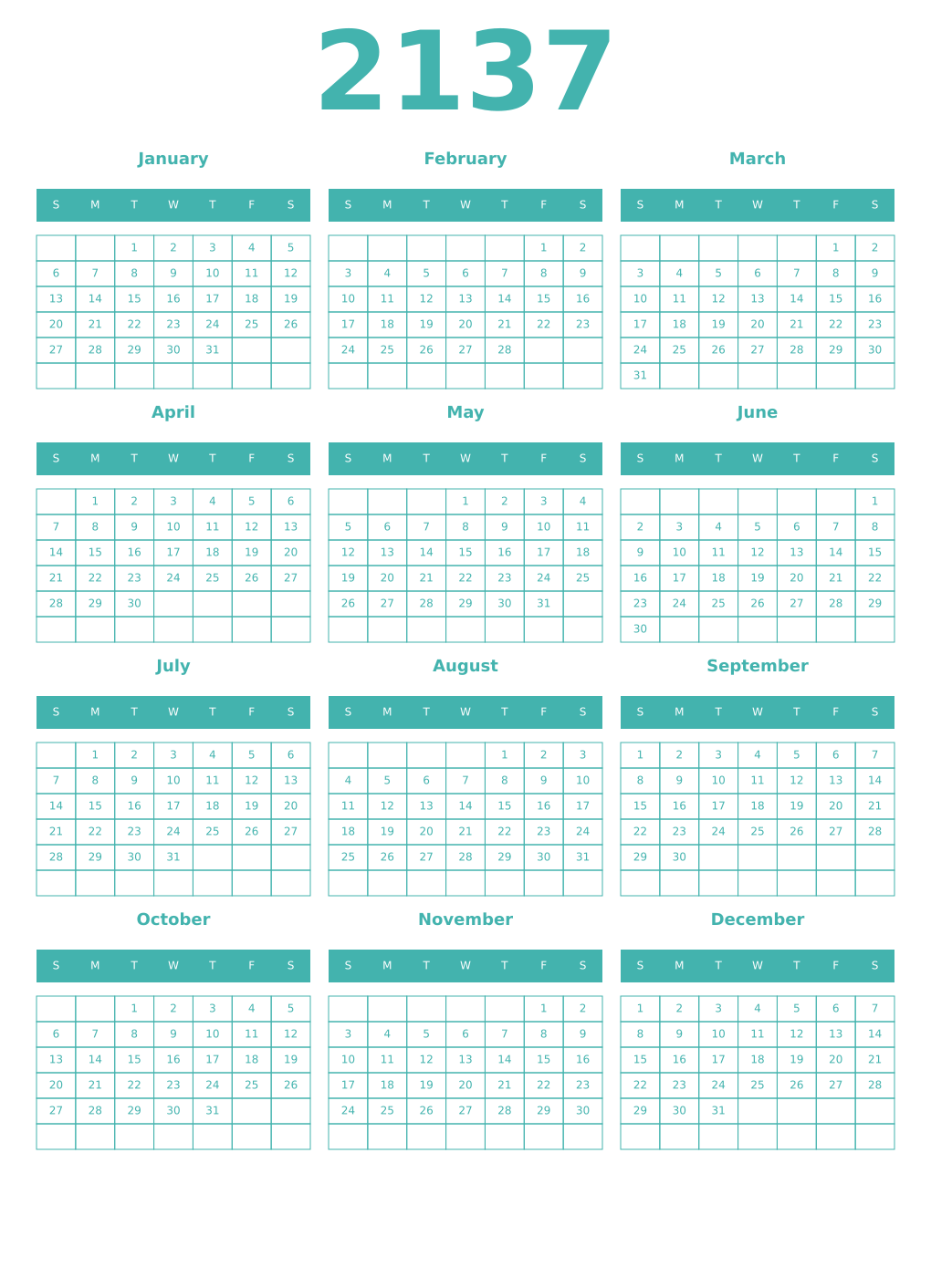 Printable 2137 Year Calendars verdigris