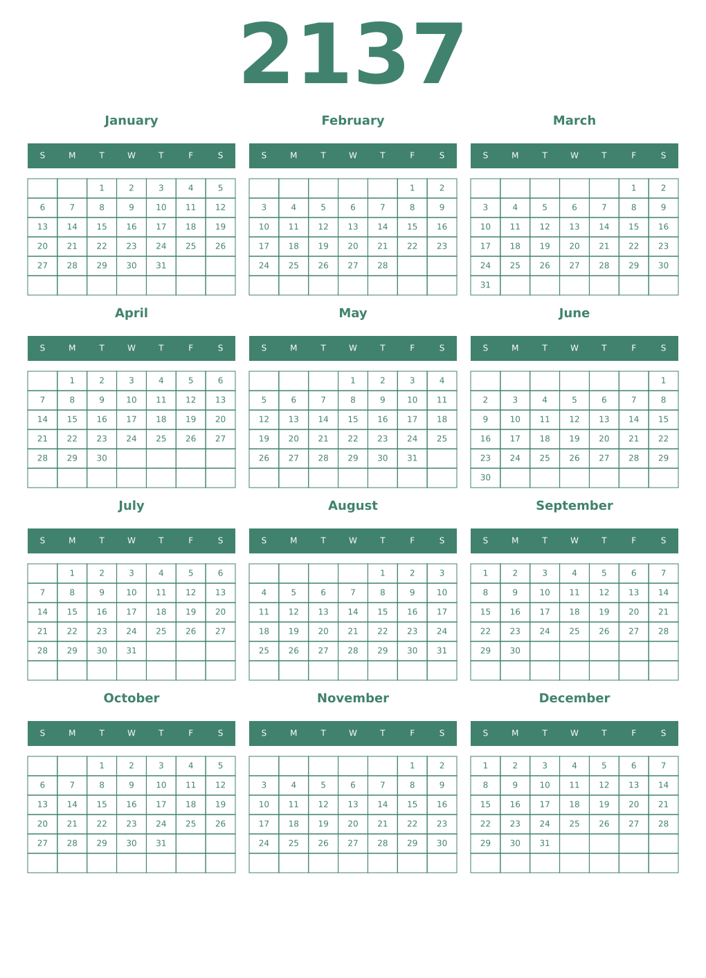 Printable 2137 Year Calendars viridian