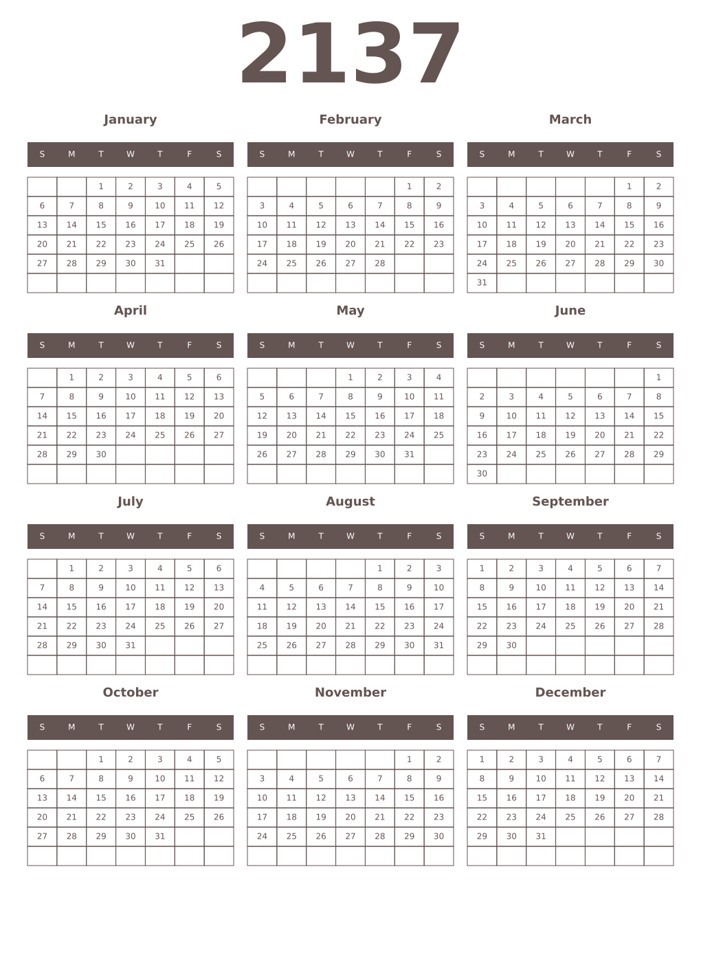 Printable 2137 Year Calendars wenge