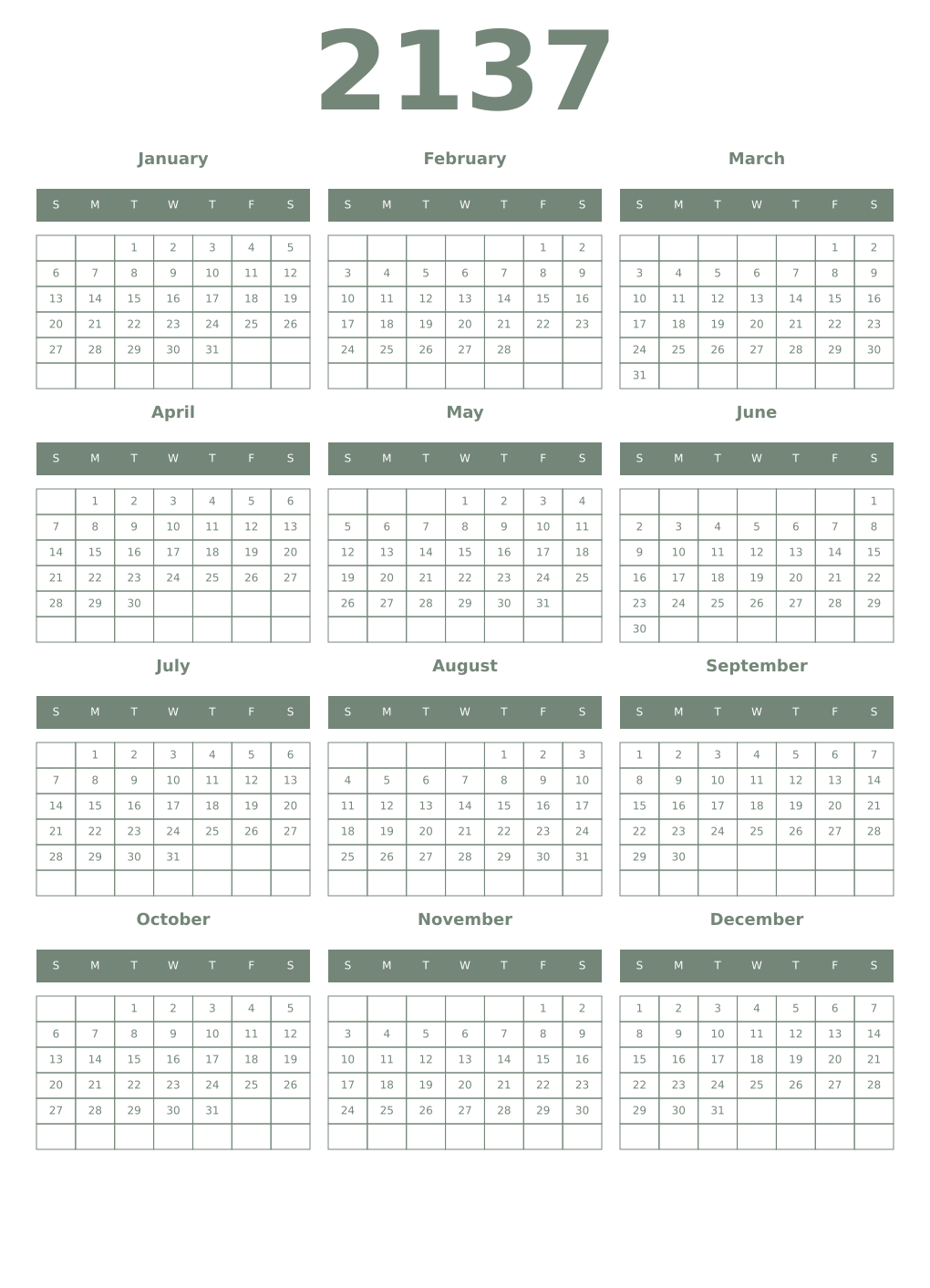 Printable 2137 Year Calendars xanadu